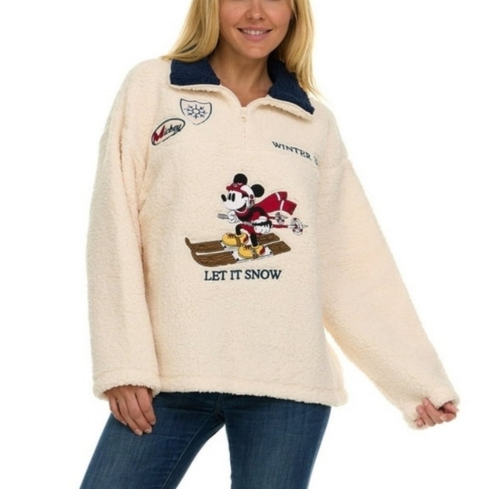FREEZE Womens Disney Character Winter Sherpa Pullover, Quarter Zip Embroidered
